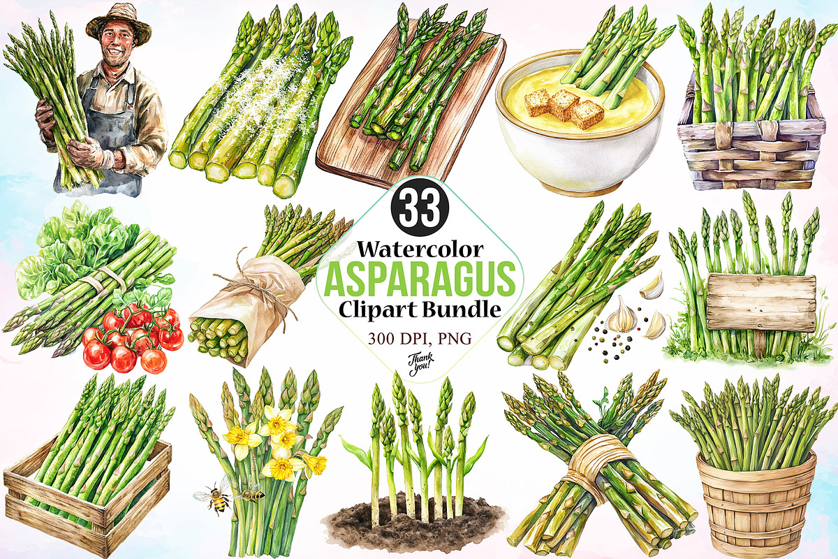 Watercolor Asparagus Clipart Bundle, a Food Illustration by Canvas Craft (Photo 1 of 3)