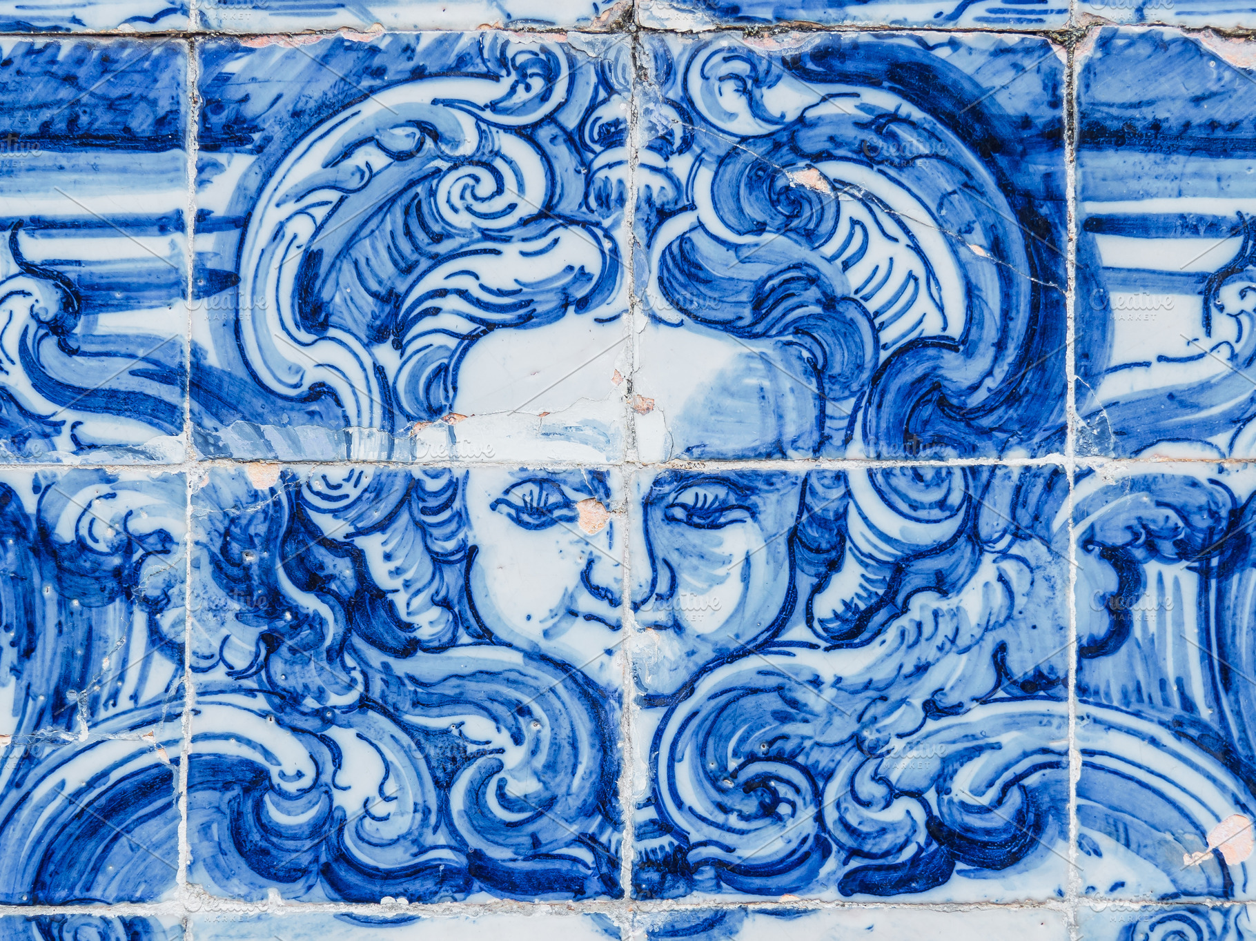 Portuguese tiles featuring artistic, traditional, and old, an Abstract Photo by Pabkov