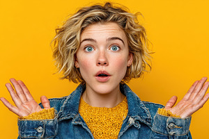 Surprised young woman with raised hands wearing denim jacket and, a Person Photo by José Manuel Gelpi