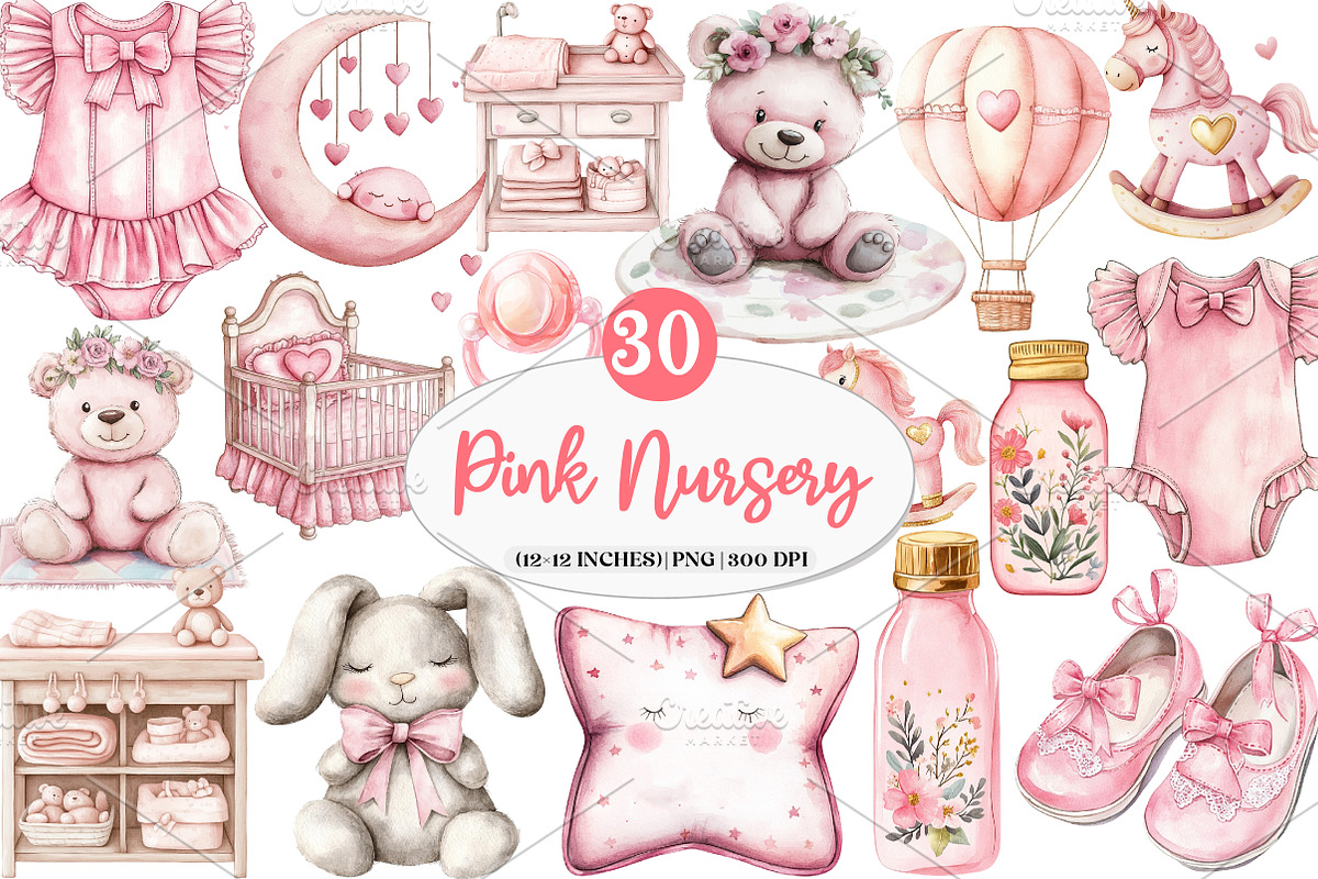 Pink Baby Girl Nursery Clipart, an Illustration by Watercolor design (Photo 1 of 4)