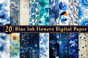 Blue Ink Flowers Digital Paper, an Illustration by CreationArt