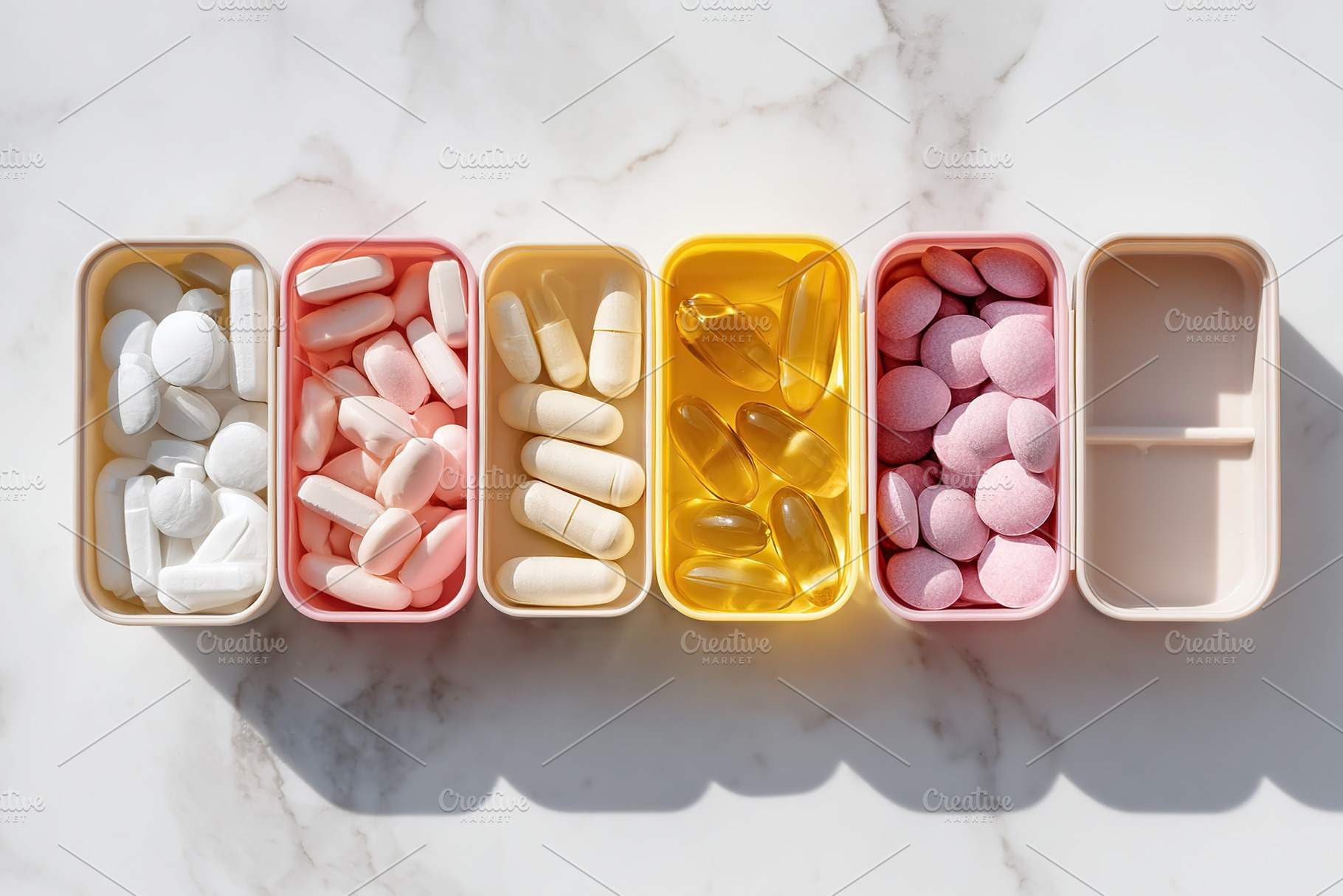 Various types of dietary supplements arranged in colorful containers on a marbl, a Health & Medical Photo by AlyaAnd