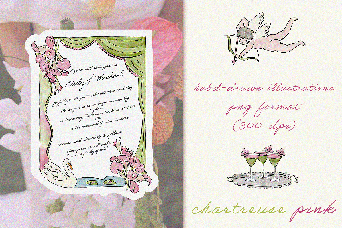 Chartreuse & Pink Wedding Clipart, an Object Illustration by Teresa Art Store (Photo 3 of 7)