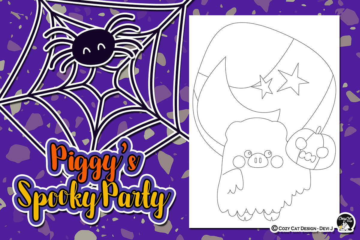 Piggy Spooky Party Coloring Pages, an Education Illustration by Cozy Cat Design (Photo 2 of 7)