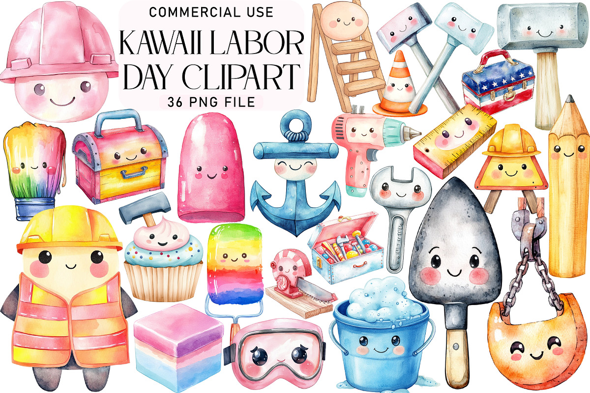 Watercolor Kawaii Labor Day Clipart, an Illustration by Daily.Designs (Photo 1 of 3)