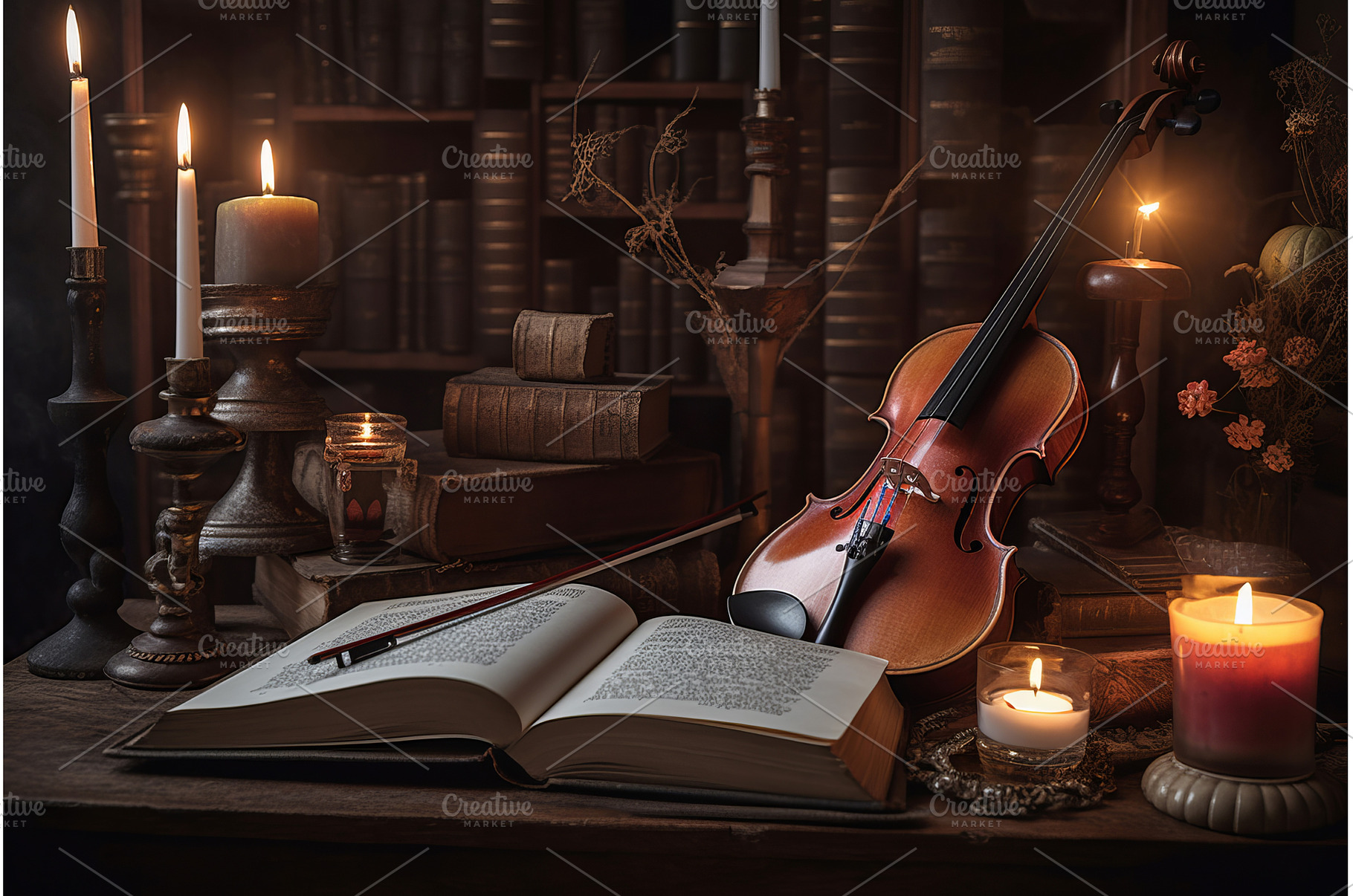 Beautiful instruments candles books, an Arts & Entertainment Photo by Ylivdesign