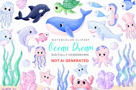Watercolor Under Sea Animals Clipart, an Animal Illustration by MiracleArtAndDesign