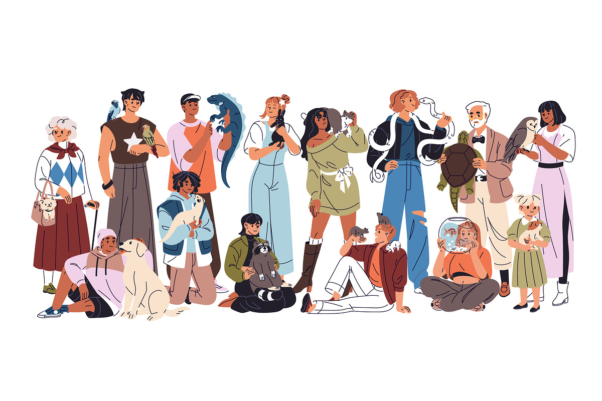 Group of people with cute pets, a Person Illustration by PaperTrident (Photo 1 of 3)