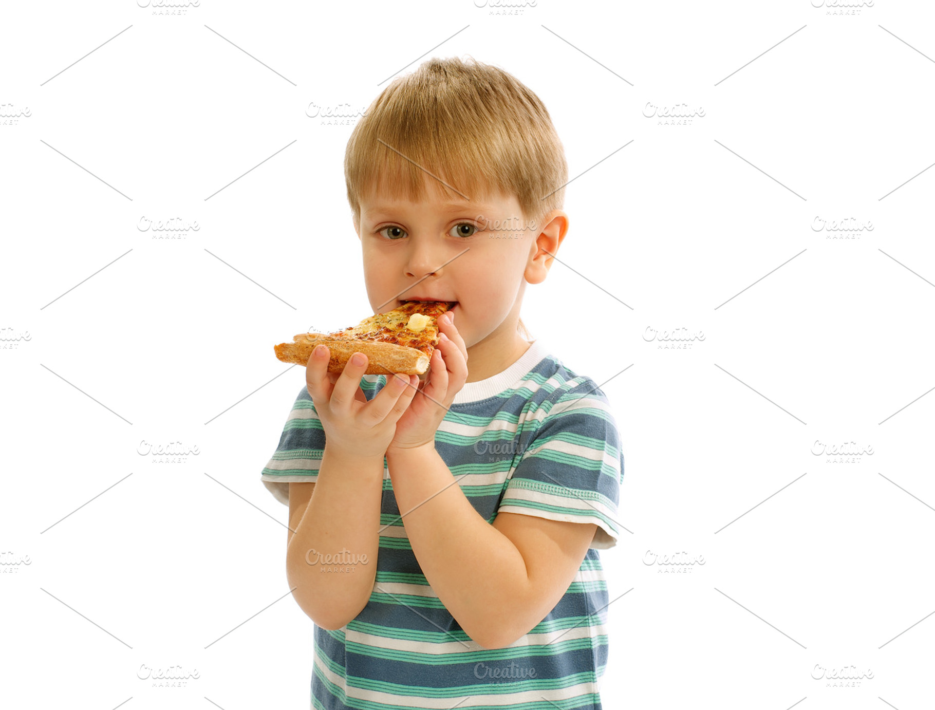 Little boy eating pizza featuring 3-4 years, babies and children, and blonde, a Person Photo by zhekos