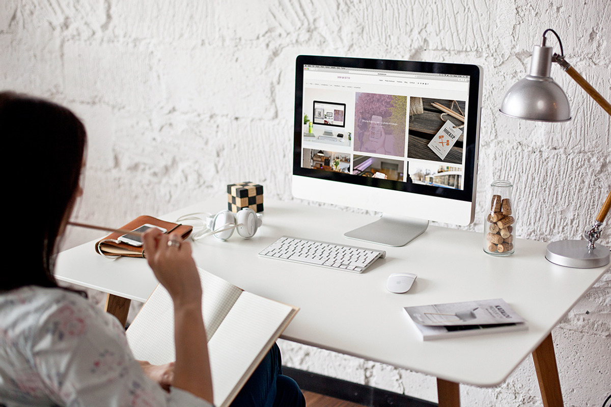 Woman using iMac - 12 photo mockups, a Household Mockup by show it better (Photo 3 of 5)