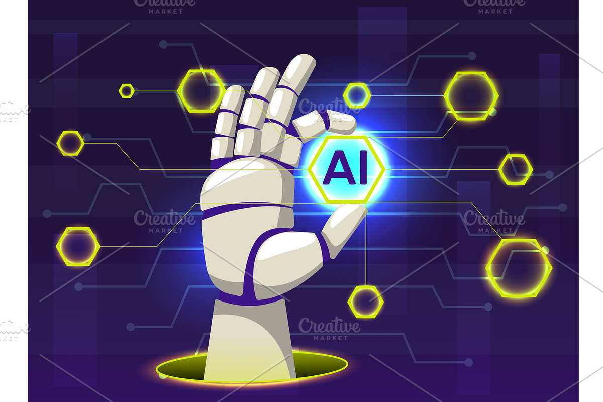 Robot arm holds processor labeled, a Technology Illustration by Vectorbuum
