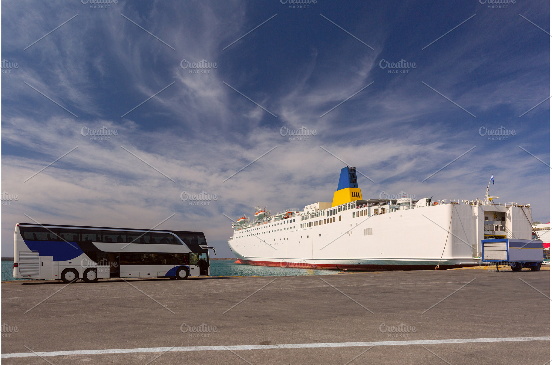 Ferry and tour bus in Heraklion port, a Transportation Photo by kavalenkava