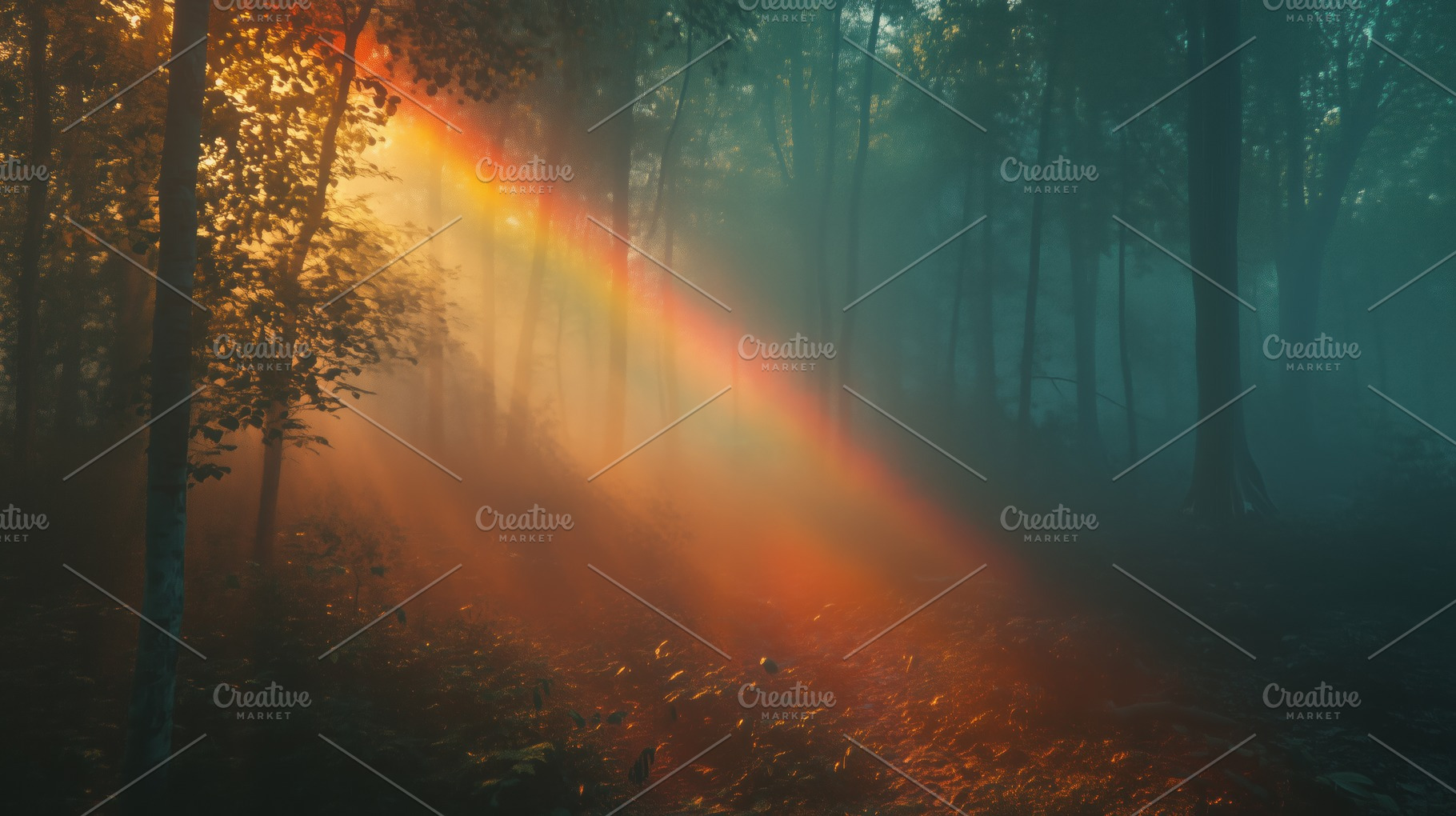 A serene forest scene with sunlight filtering through trees, creating a ...