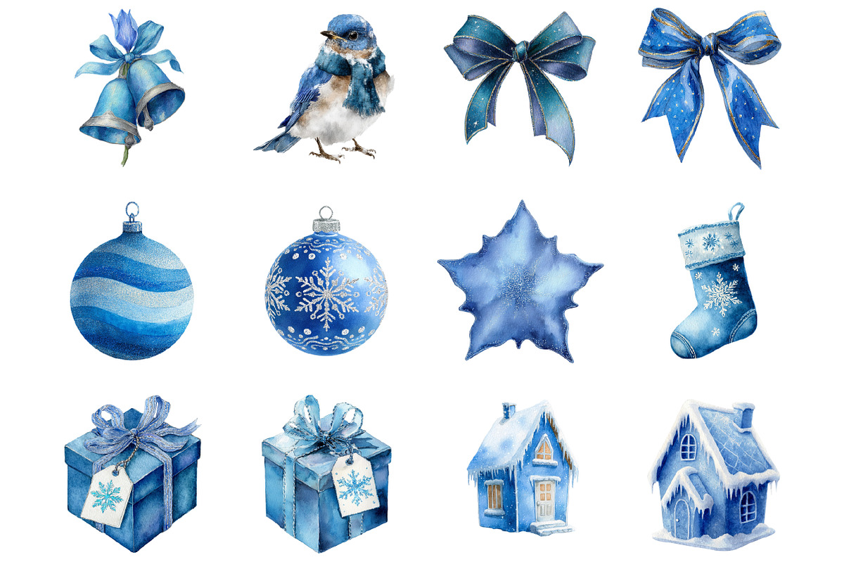 Watercolor Blue Christmas Clipart, an Illustration by Designking (Photo 3 of 4)