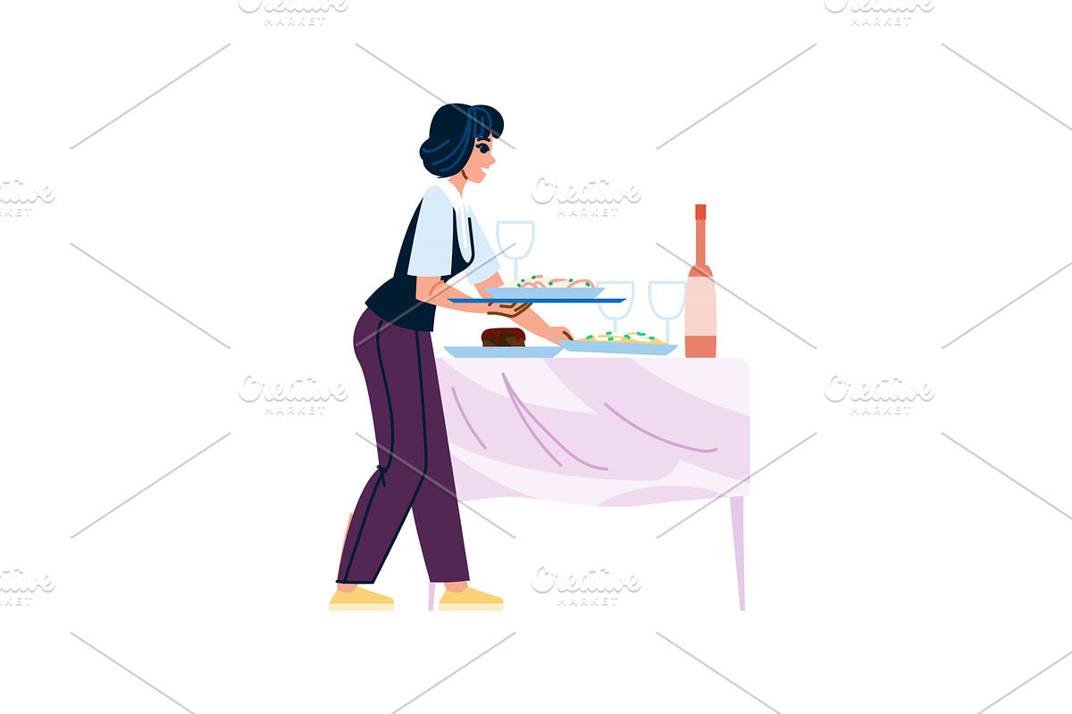 Waitress serving food and drinks at, a Food Illustration by pikepicture