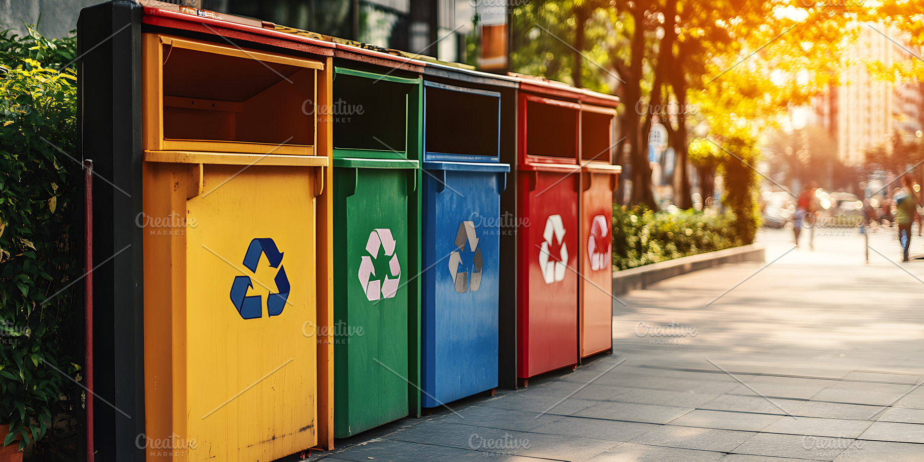 Colorful recycling bins on city side, an Industrial Photo by Photostock