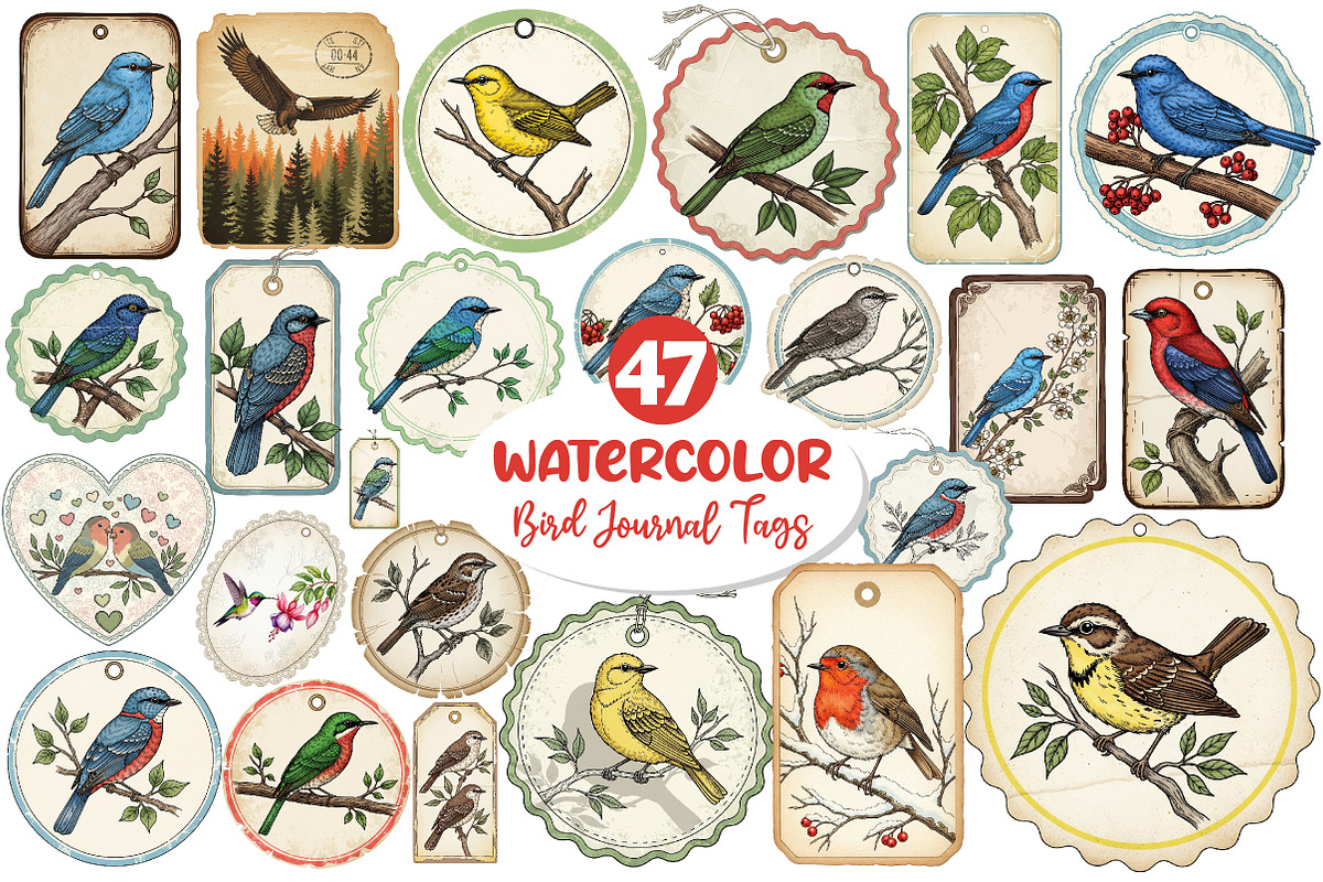 Bird Junk Journal Tags, Printable, an Illustration by Dream Creation (Photo 1 of 5)