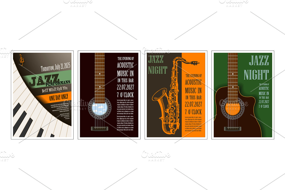 4 retro posters,  jazz, live music, an Illustration by Pgmart