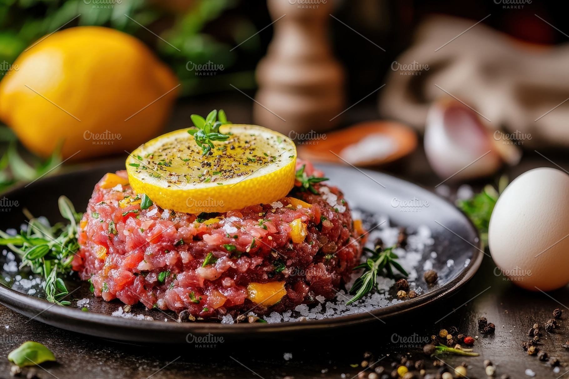 Beef tartar garnished with fresh, a Photo by Pavel_design
