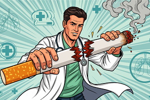 Doctor Breaking Giant Cigarette, a Health & Medical Photo by angellodeco