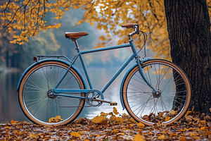 Old blue retro bike in autumn park, a Photo by AlyaAnd