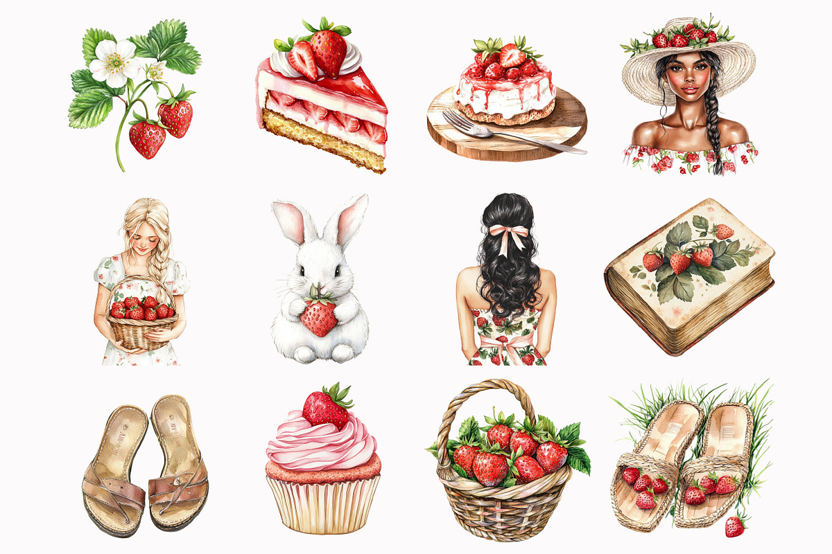 Watercolor Strawberry Garden Clipart, an Illustration by Design Market (Photo 3 of 3)