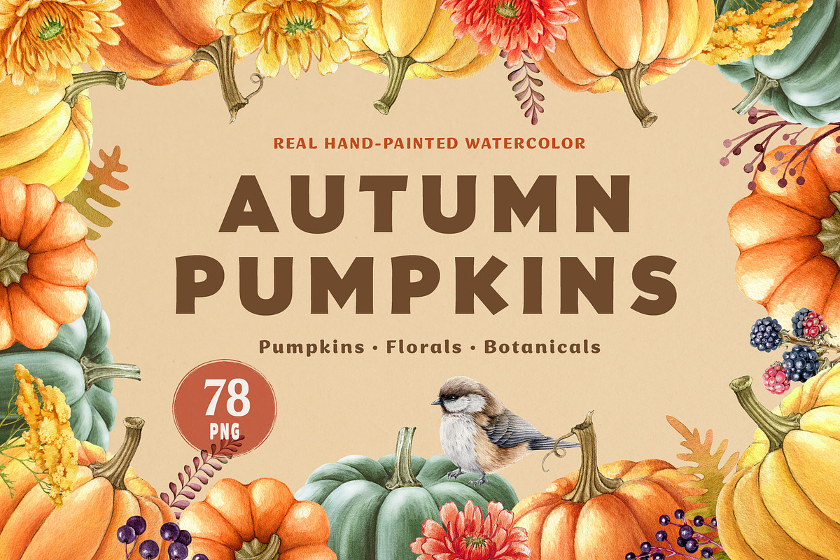 Autumn Pumpkins Watercolor Clipart, a Seasonal Illustration by AnitaPol (Photo 1 of 12)