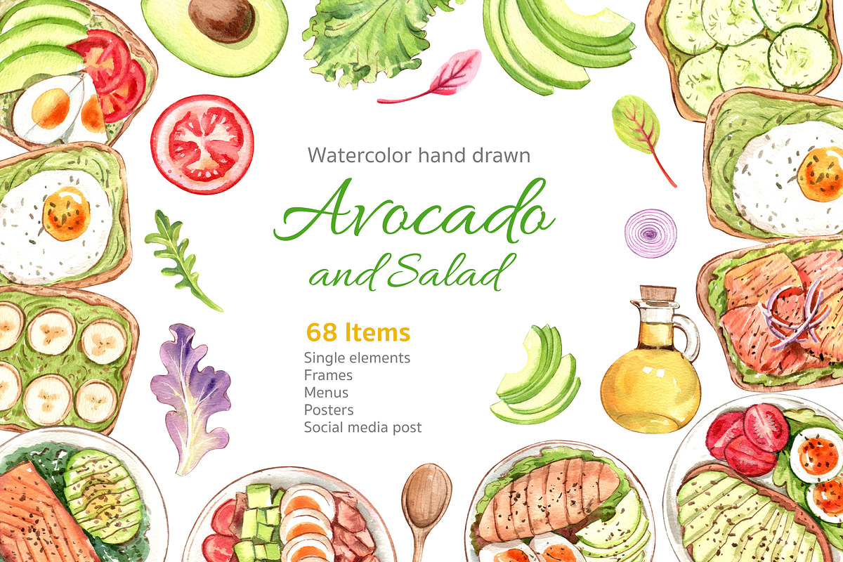 Avocado and Salad Watercolor, a Food Illustration by CreativeValuation (Photo 1 of 11)