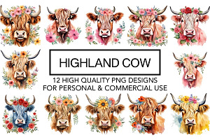 Watercolor Highland Cow Clipart