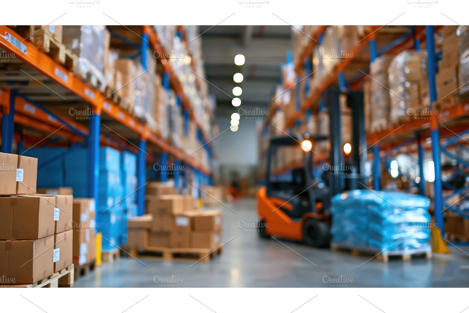 blurred warehouse with shelves, a Transportation Photo by Lermont51
