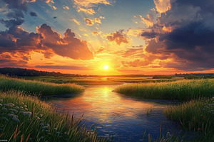 Sunset over tranquil river with lush green fields and vibrant clouds, a Nature Photo by AlyaAnd