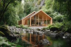 Modern wooden house nestled in a serene rural landscape with a flowing stream, a Photo by AlyaAnd