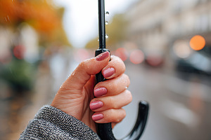 Close-up view of a female hand holding an umbrella in the rain on a city street, a Photo by AlyaAnd