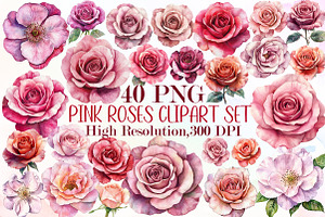 Watercolor Pink Roses Clipart Set, an Illustration by Sublimation Artist