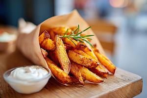 Crispy fries served in a paper cone with savory dipping sauce on wooden table, a Food & Drink Photo by AlyaAnd