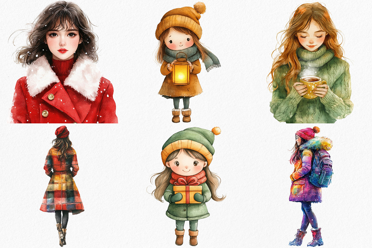 Christmas Girls Watercolor Clipart, an Illustration by Canvas Craft (Photo 3 of 8)