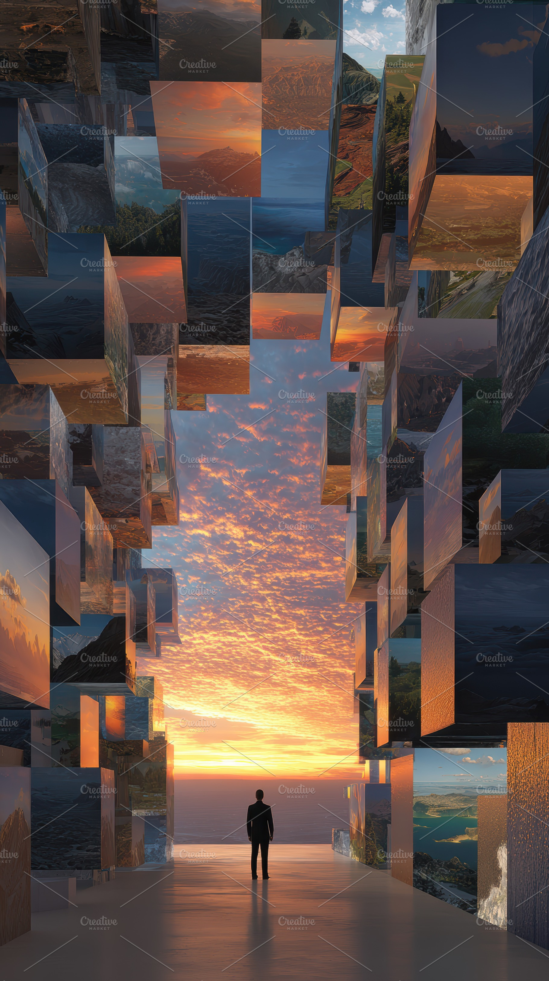 Man Silhouette at Sunset Amidst Cube, a Photo by Pixeness Studio