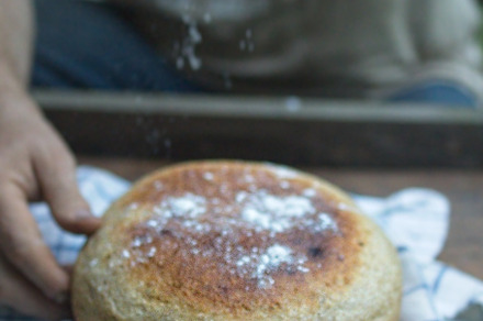 Baker's hand sprinkles flour on fresh bread close-up. A man finishes baking, de