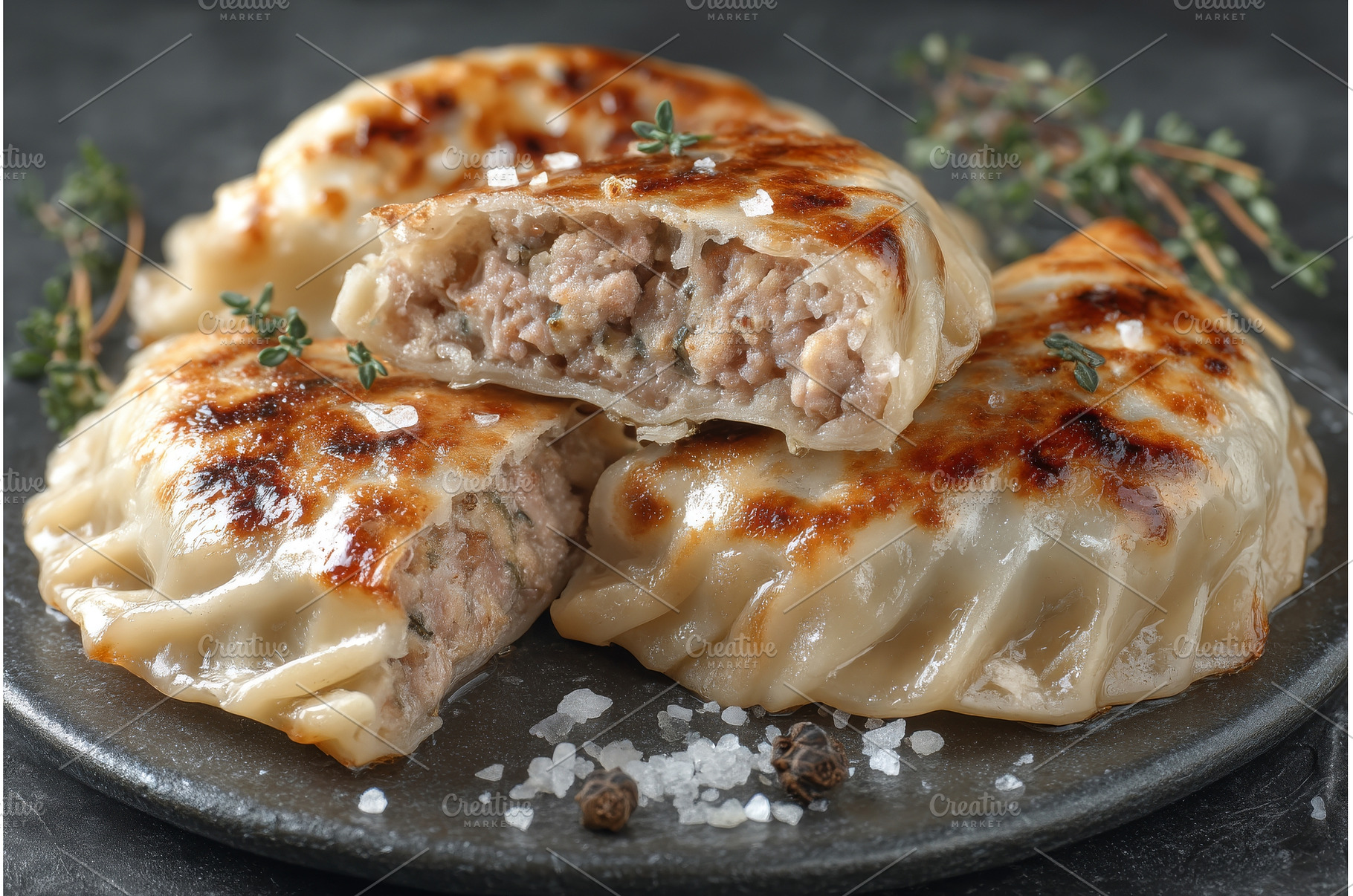 A side view close-up of dumplings on, a Food & Drink Photo by ZinetroN