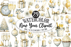 Watercolor New Year Clipart, an Illustration by Designking