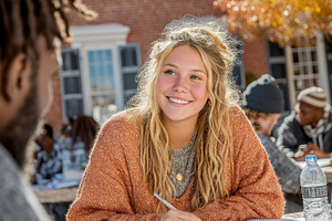 Students engaging in academic discussions outdoors in a university courtyard, a Photo by AS photostudio