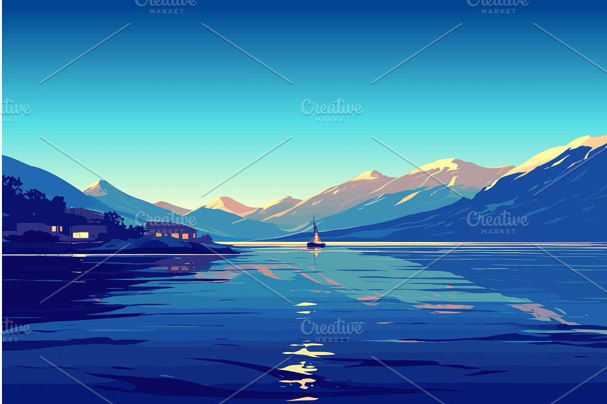 Cartoon sea bay at sunset, lonely, an Illustration by LadadikArt