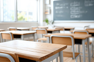 Empty bright classroom with wooden, a School & Education Photo by MistyDay