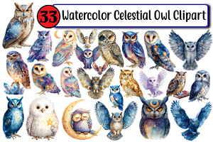 Watercolor Celestial Owl Clipart, an Illustration by Design Market