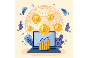 laptop with cryptocurrency icons, a Finance Illustration by studiogstock