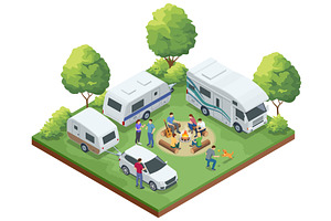 Isometric camping area with multiple, a Transportation Illustration by Golden Sikorka