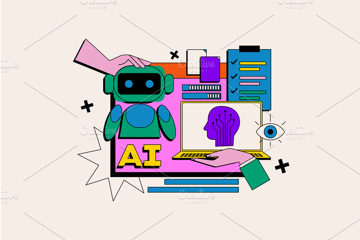 AI concept in the flat cartoon style, a Technology Illustration by Dessign Sells
