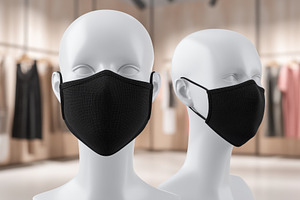Two white mannequins wearing black face masks mockup in a clothing store settin, a Mask Mockup by Textures & Backgrounds