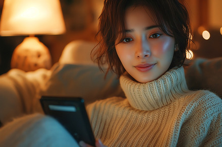 A young Asian woman enjoys a cozy evening at home, reading on her tablet by sof, a Person Photo by ImageMir