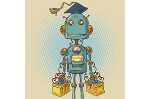 Vintage robot learning. AI with a, a Technology Illustration by rogistok